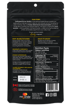 Load image into Gallery viewer, Back of nvigorate Organic Freeze-Dried Seabuckthorn Powder 100 g pouch showing Nutrition Facts, ingredients, serving information, Canadian origin and Ecocert organic certification.