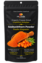 Load image into Gallery viewer, nvigorate Organic Freeze-Dried Seabuckthorn Powder, 100 g, in premium black packaging featuring orange seabuckthorn berries and powder. Grown and processed in Canada.