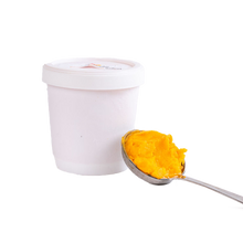 Load image into Gallery viewer, 500 mL tub of nvigorate Seabuckthorn Sorbet with a spoonful of orange sorbet

