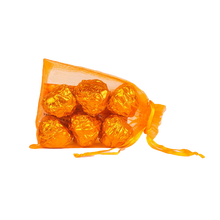 Load image into Gallery viewer, This shows a picture of nvigorate Fine Dark French Chocolates with a sea buckthorn ganache  filling. There are 6 wrapped in orange foil in an orange organza bag.
